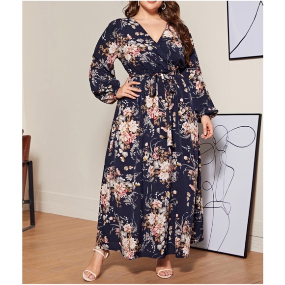 Plus Navy Blue  Floral Print Belted Maxi Dress - Picture 1 of 10